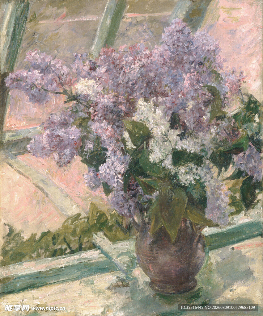 窗边紫丁香花瓶静物画