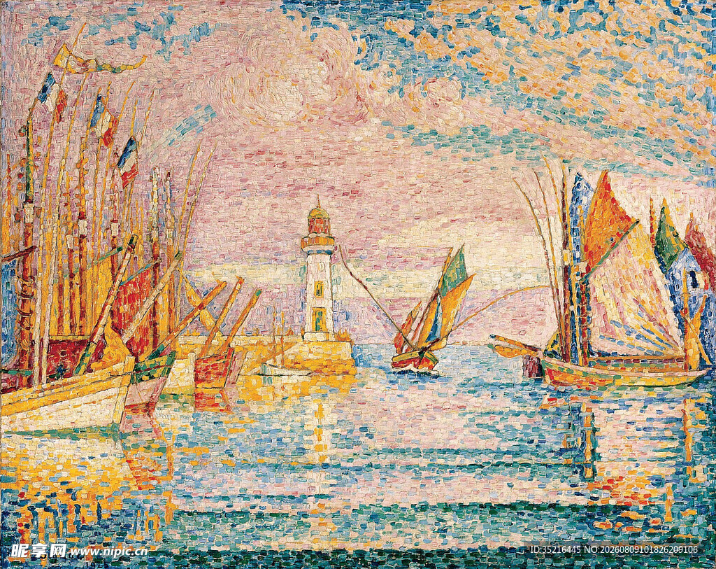 海滨帆船风景油画