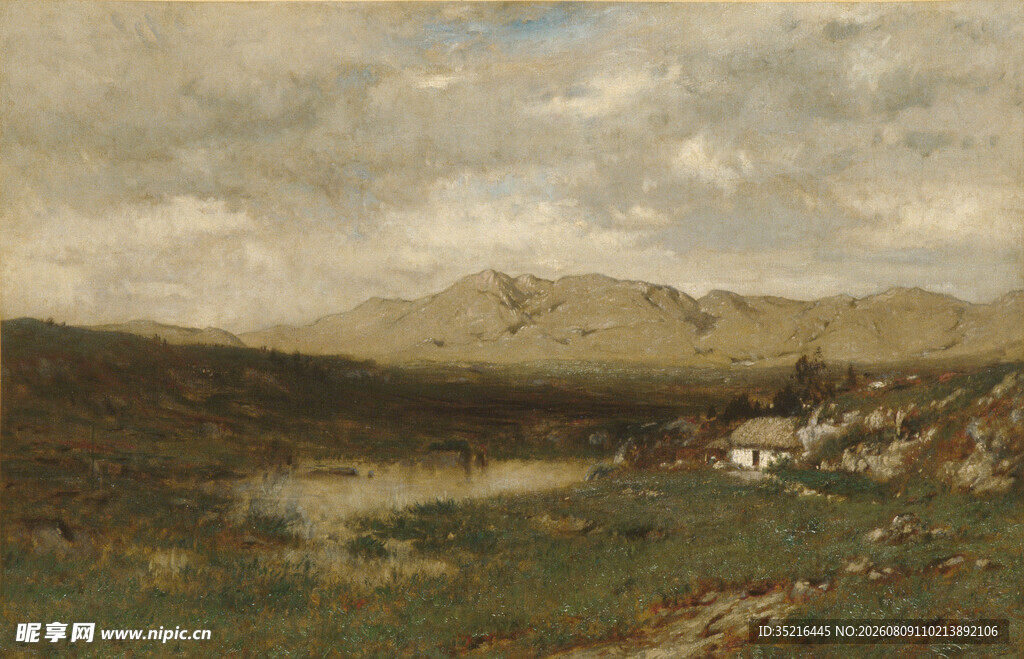 山间村落风景油画