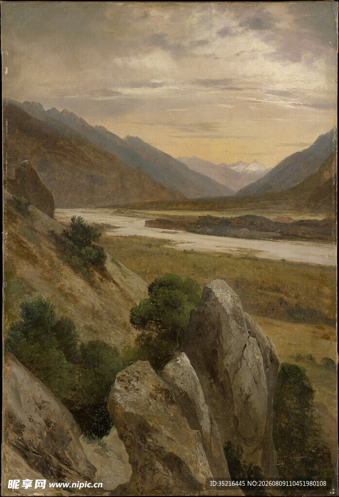 山间河流风景油画