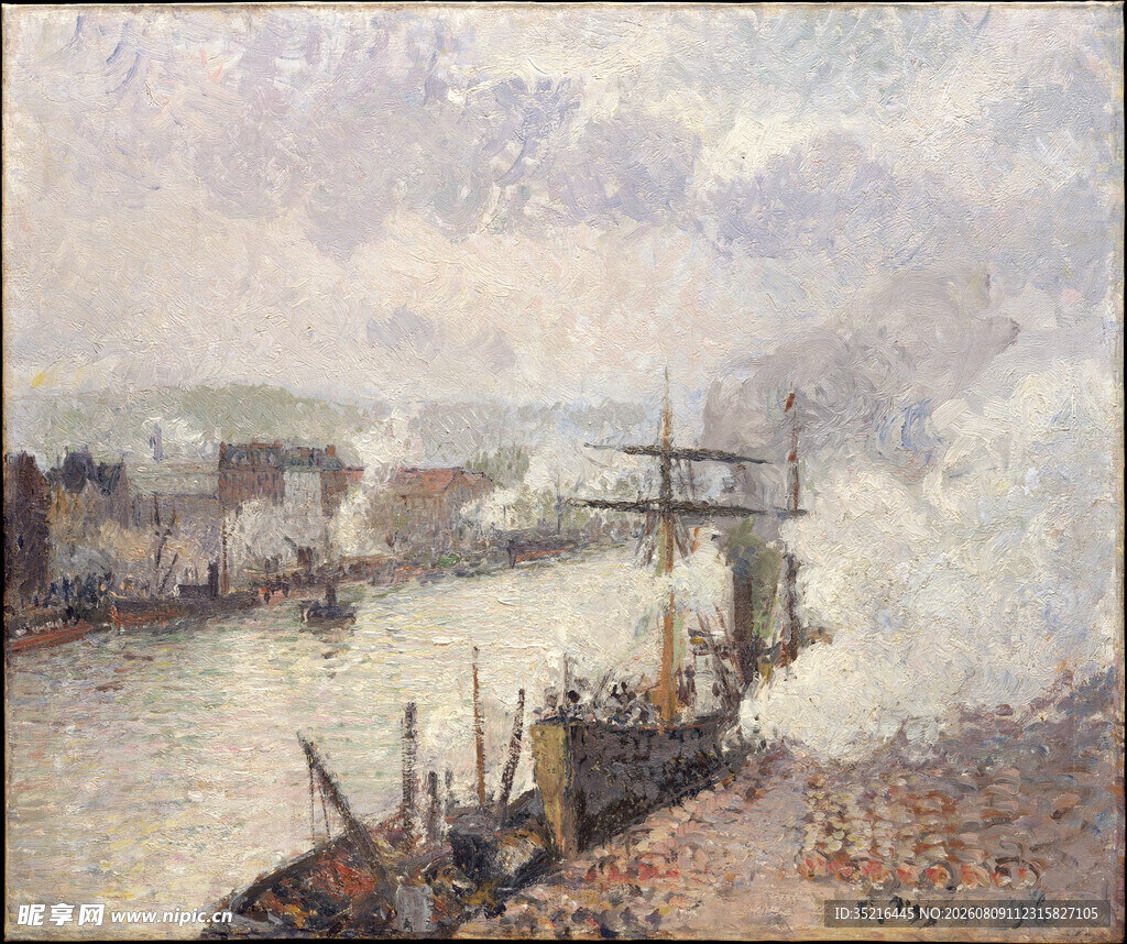 港口船只风景油画
