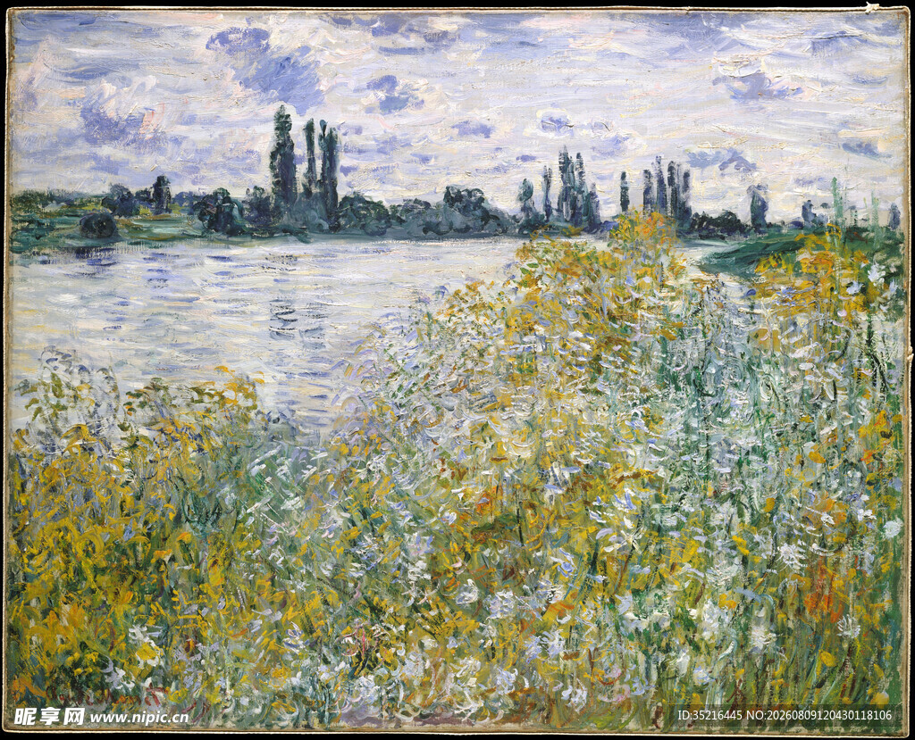河畔野花风景油画