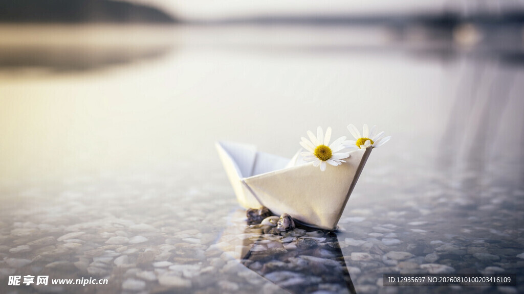 水面上的纸船与小花
