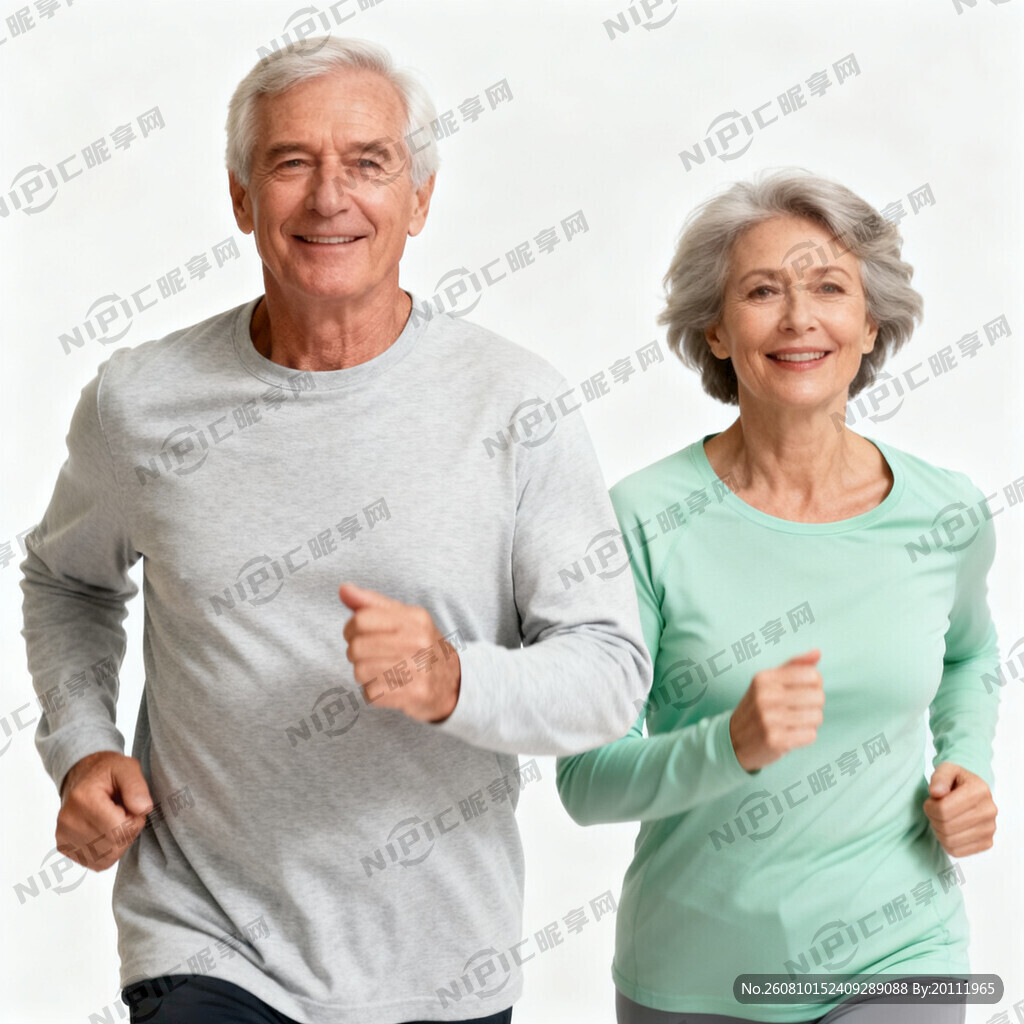 外国老年夫妇 并排正面跑步