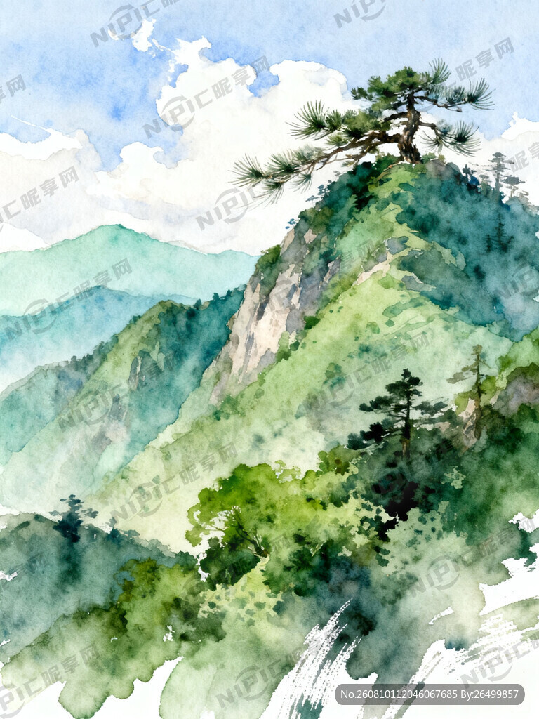 水彩画风格。起伏的山峦
