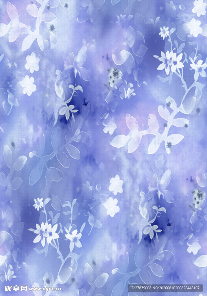 梦幻蓝紫花卉水彩纹理图
