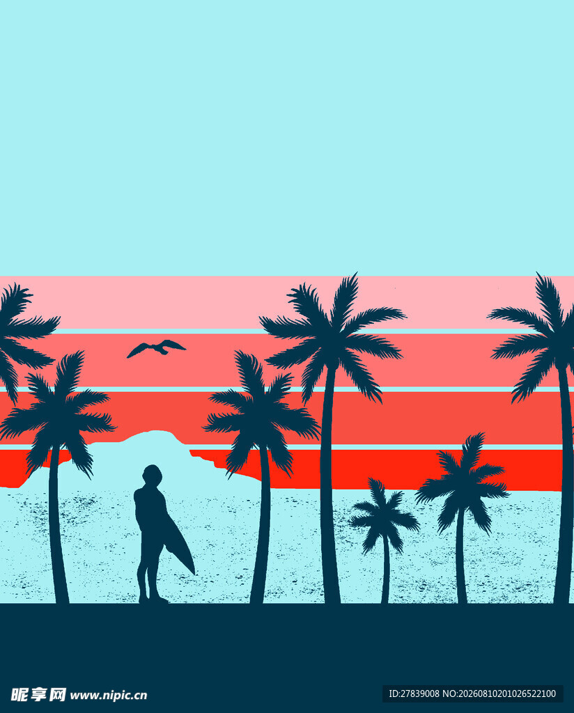 海滩漫步的人影与棕榈树