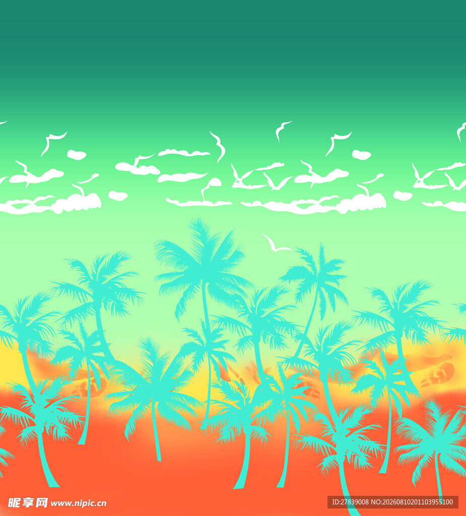 热带风情椰林海景插画