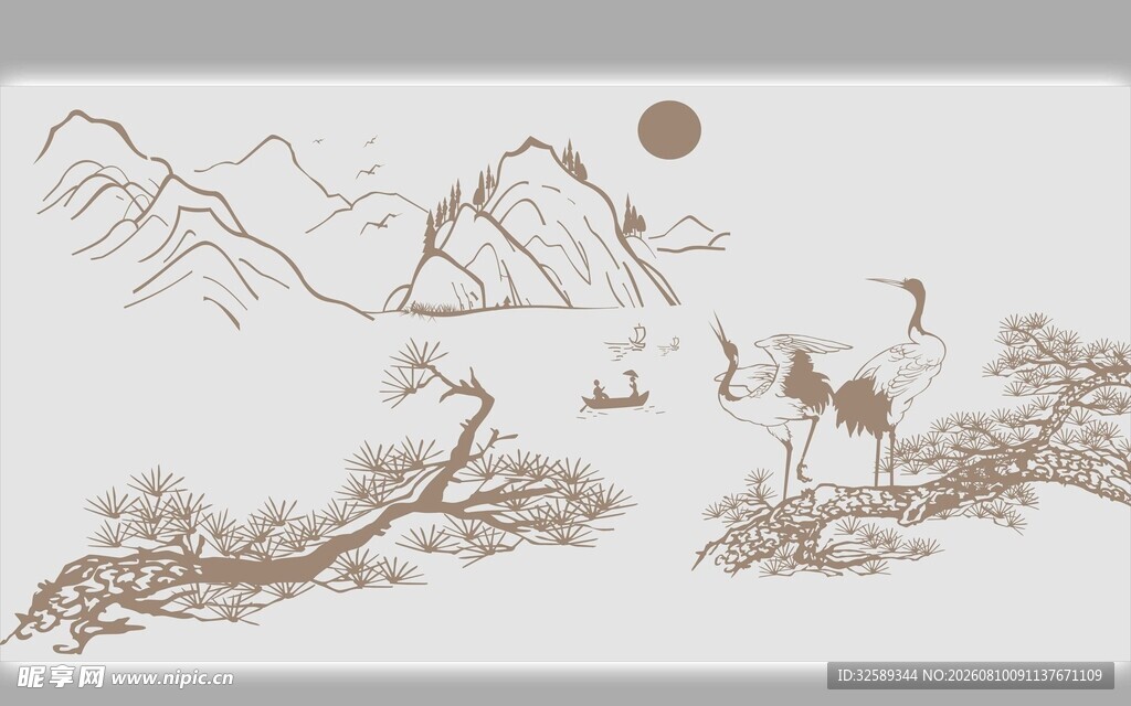 中式山水仙鹤意境画