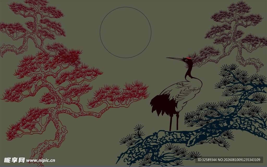 月夜松鹤图