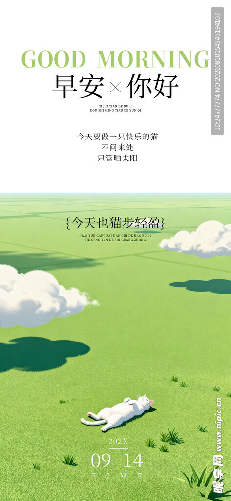 绿色草原猫咪插画早安问好海报
