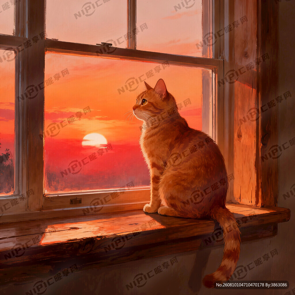 一只橘猫坐在窗台上看夕阳