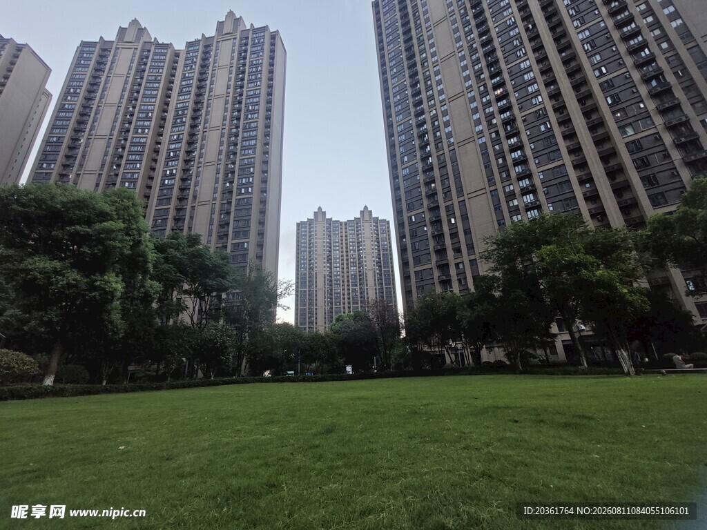 城市草坪与林立高楼