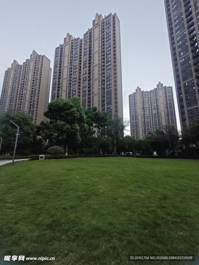 城市绿地旁的高楼景观