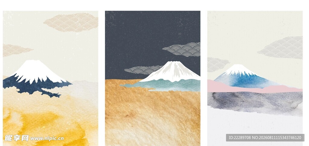 三幅富士山水彩画作品