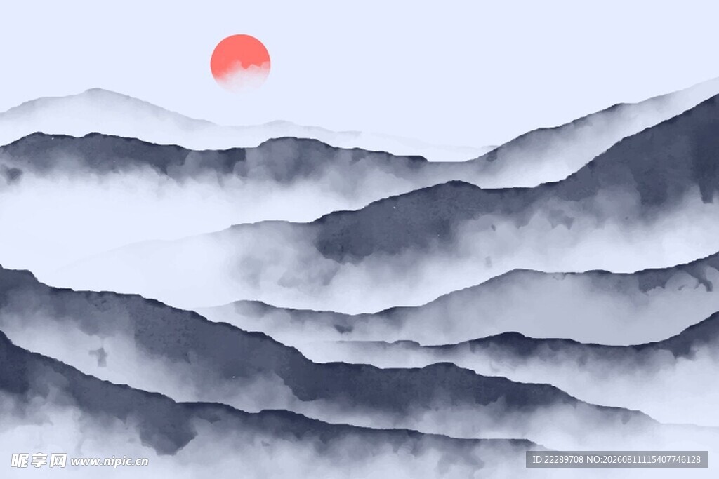 水墨山水间的红日初升
