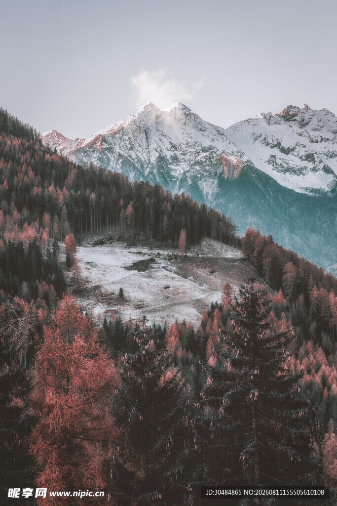 秋日山林间的壮丽雪山景色