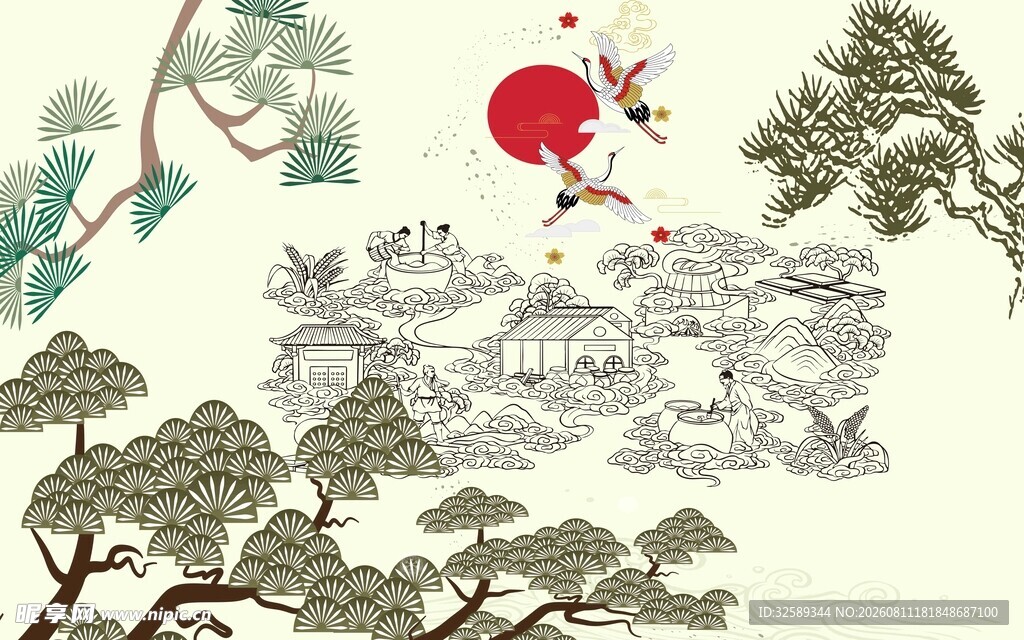 中式山水飞鸟红日图景