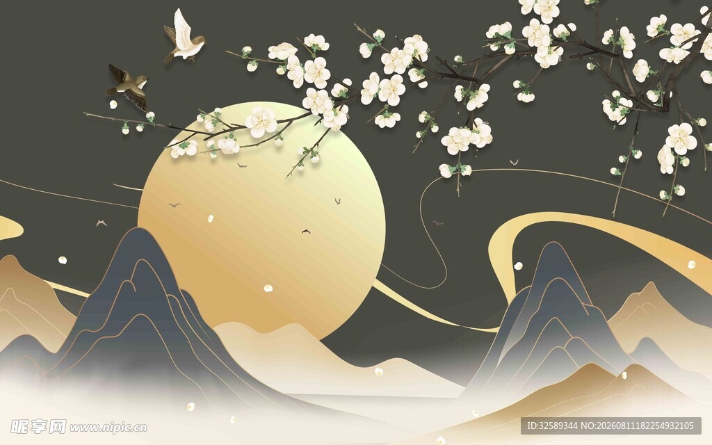 月夜山峦繁花飞鸟共绘景