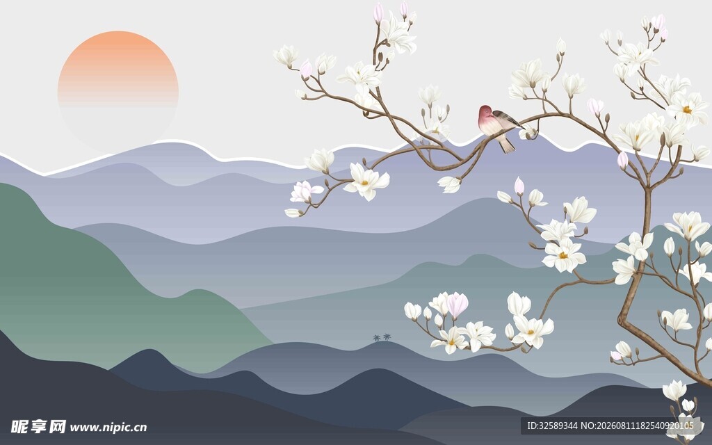 春日山水花枝飞鸟图景