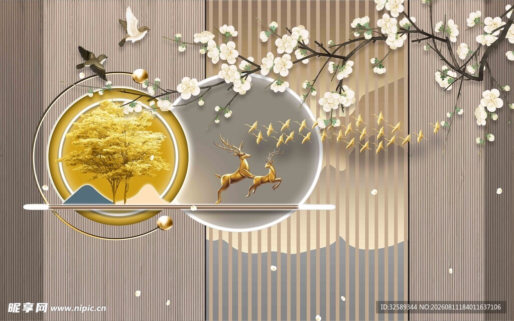 中式花鸟圆月背景装饰图