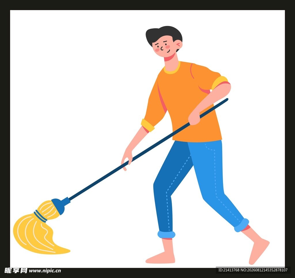 男子手持扫帚清扫
