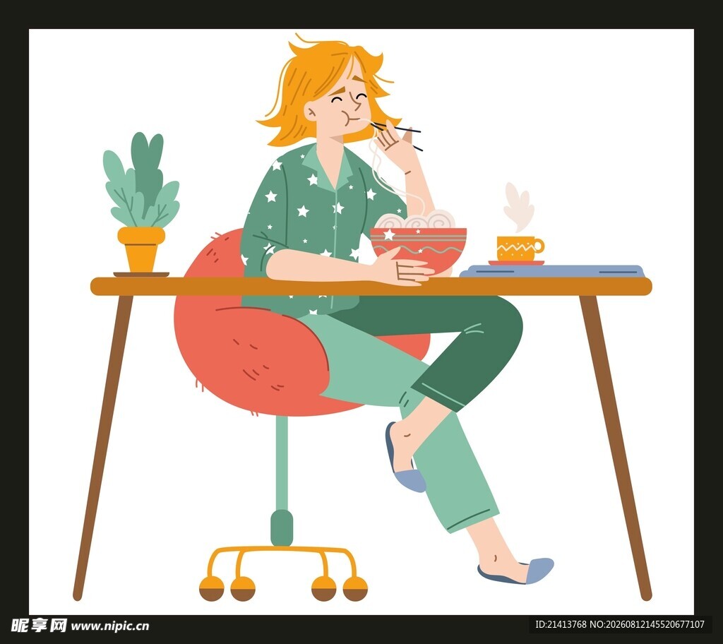 女子惬意坐在桌前享用餐食