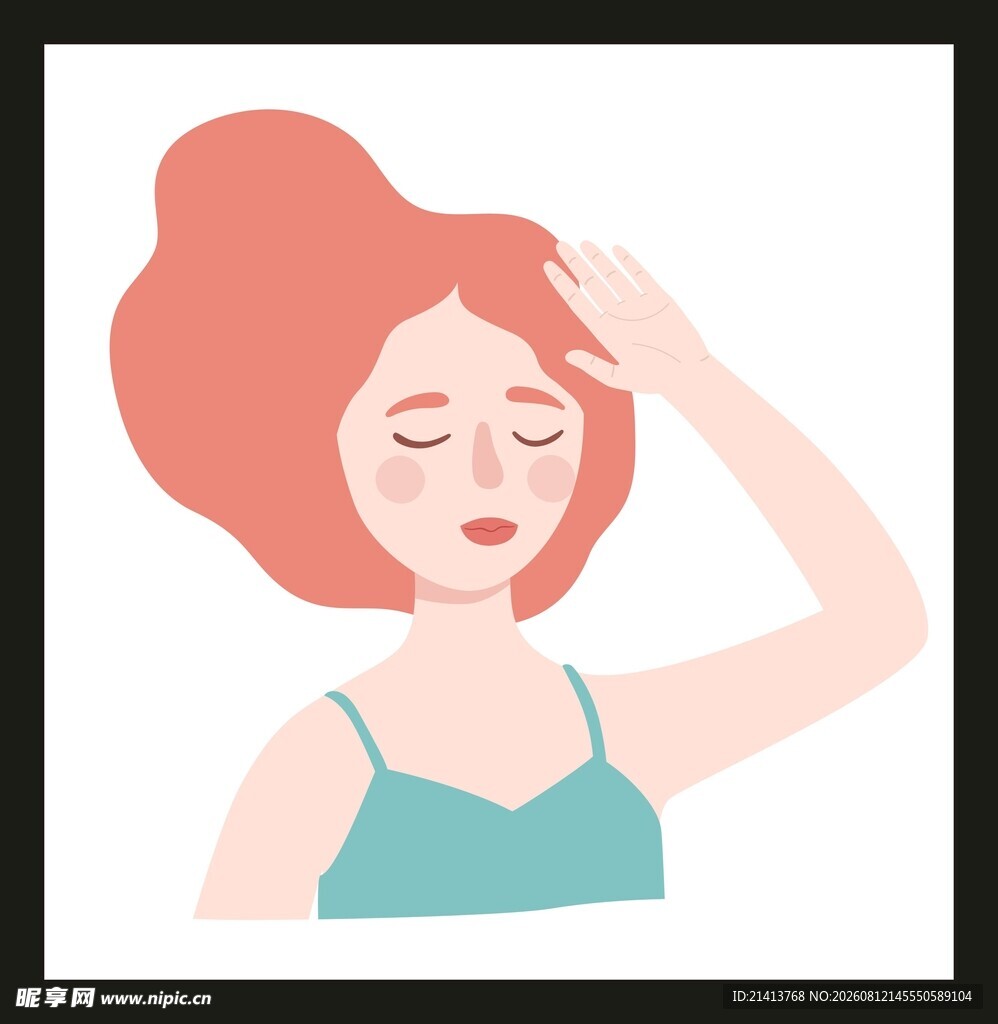 闭眼抚头的红发女士