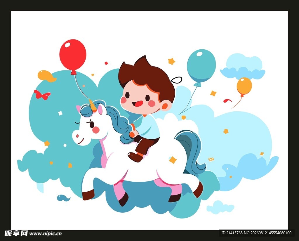 小男孩骑独角兽梦幻场景