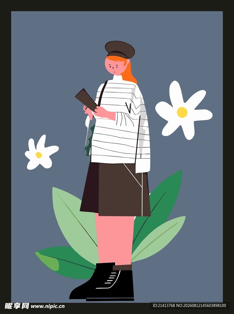 时尚女孩手持手机赏白花