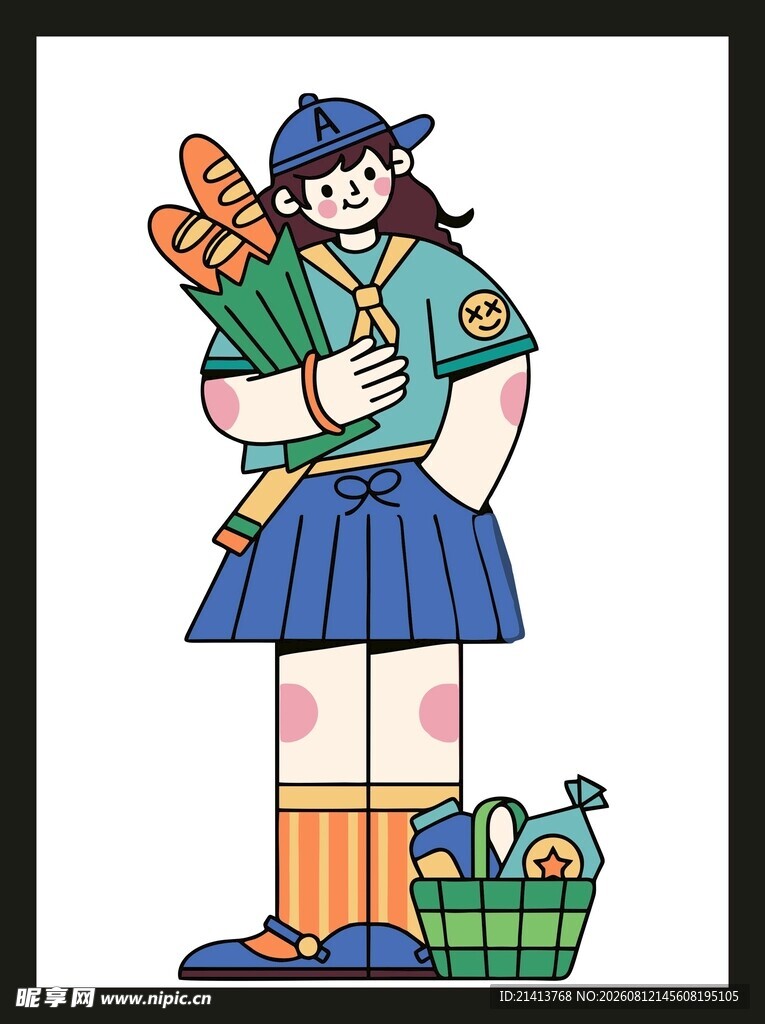 女孩手持花束与面包