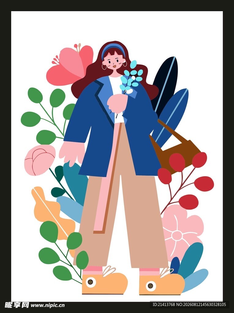 插画中时尚女孩与多彩植物