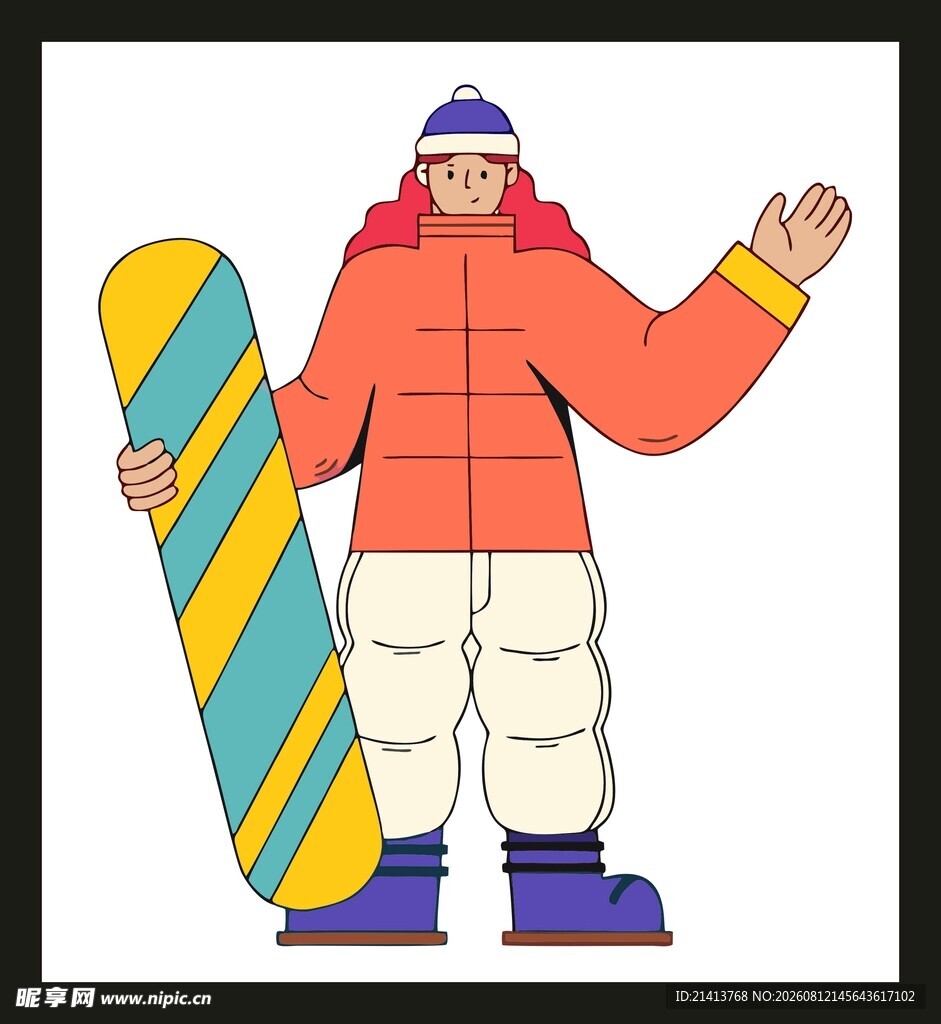 滑雪者持板挥手示意