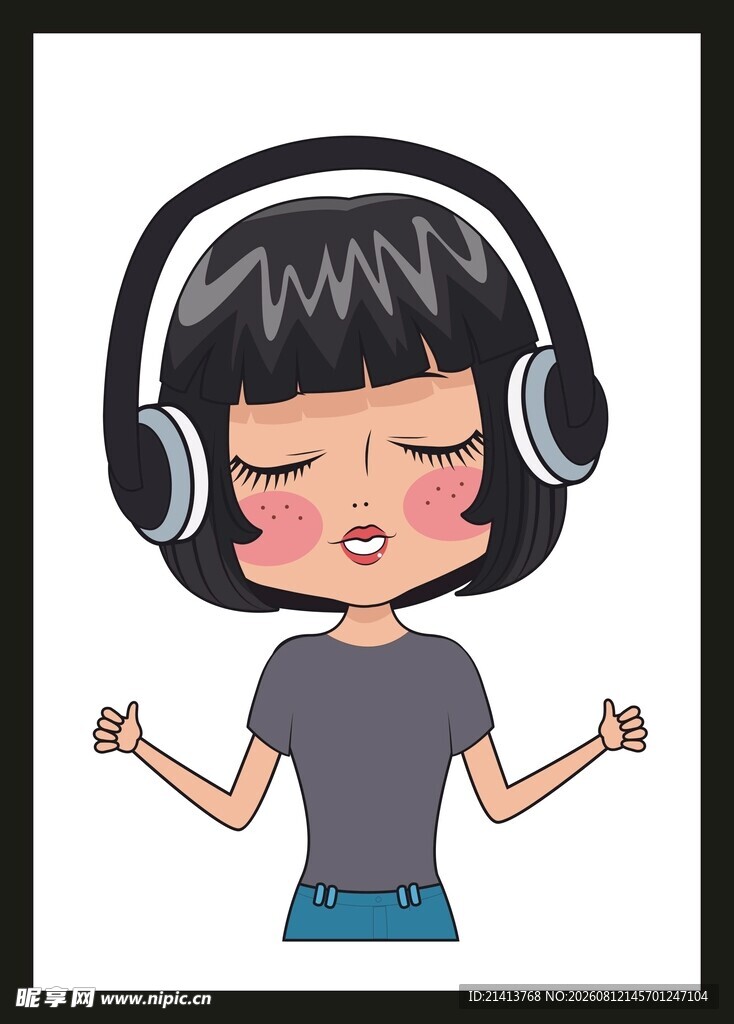 戴耳机闭眼冥想的卡通女孩
