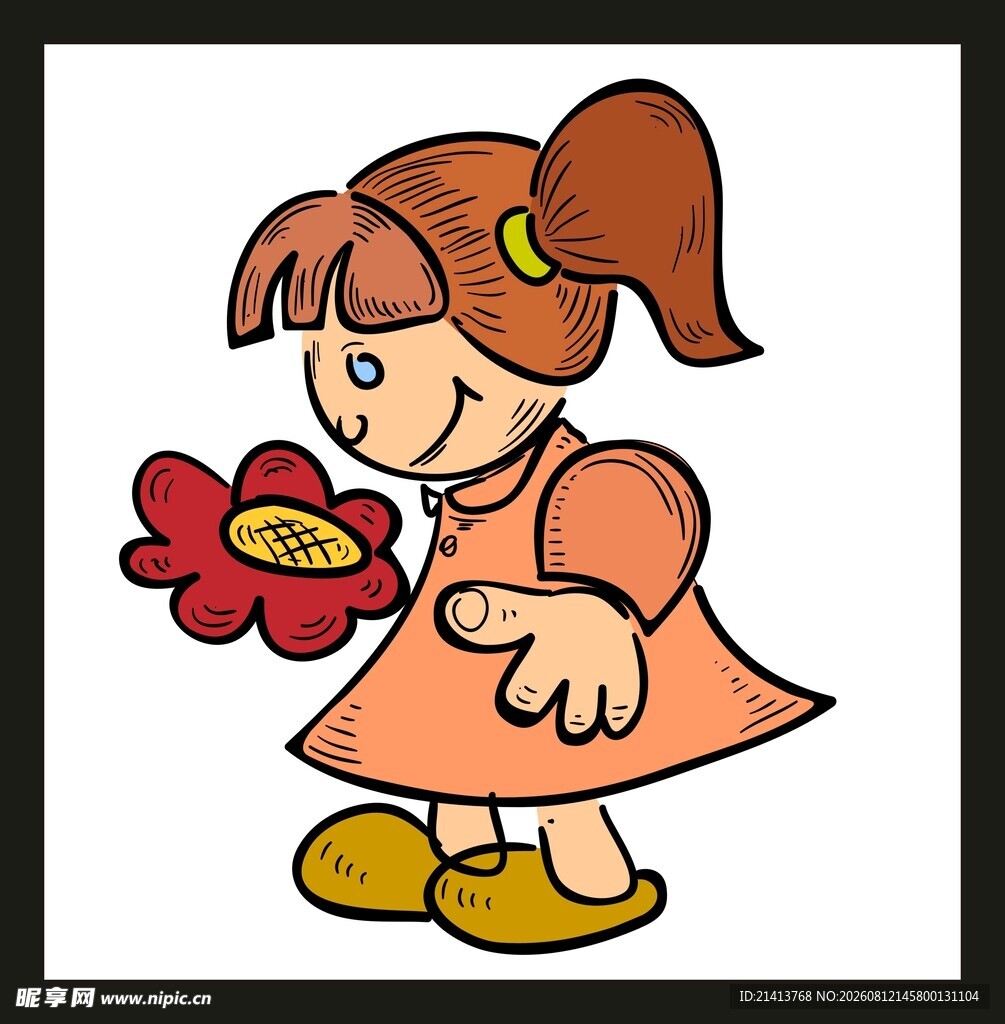 手持红花的可爱小女孩