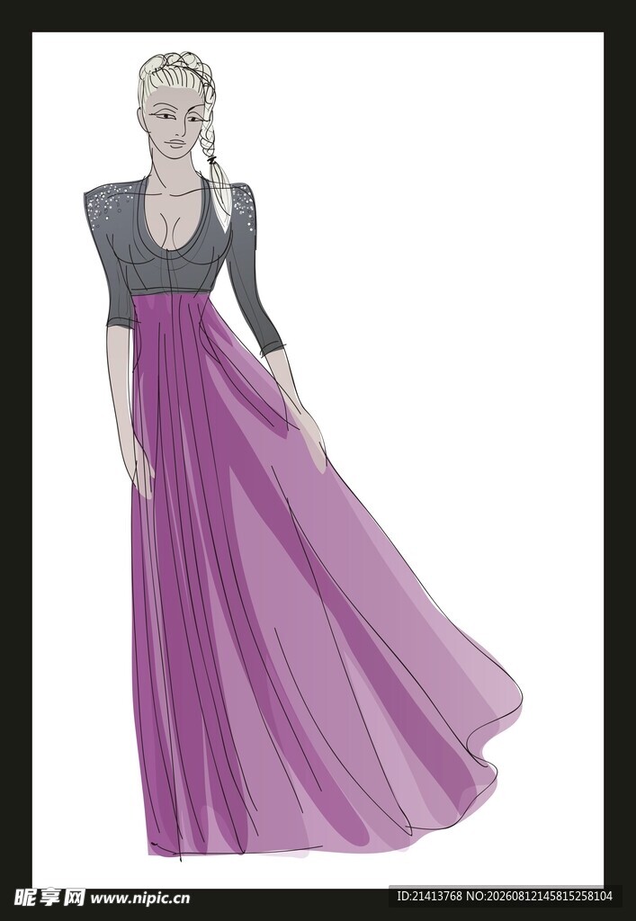 紫色长裙女士时尚插画