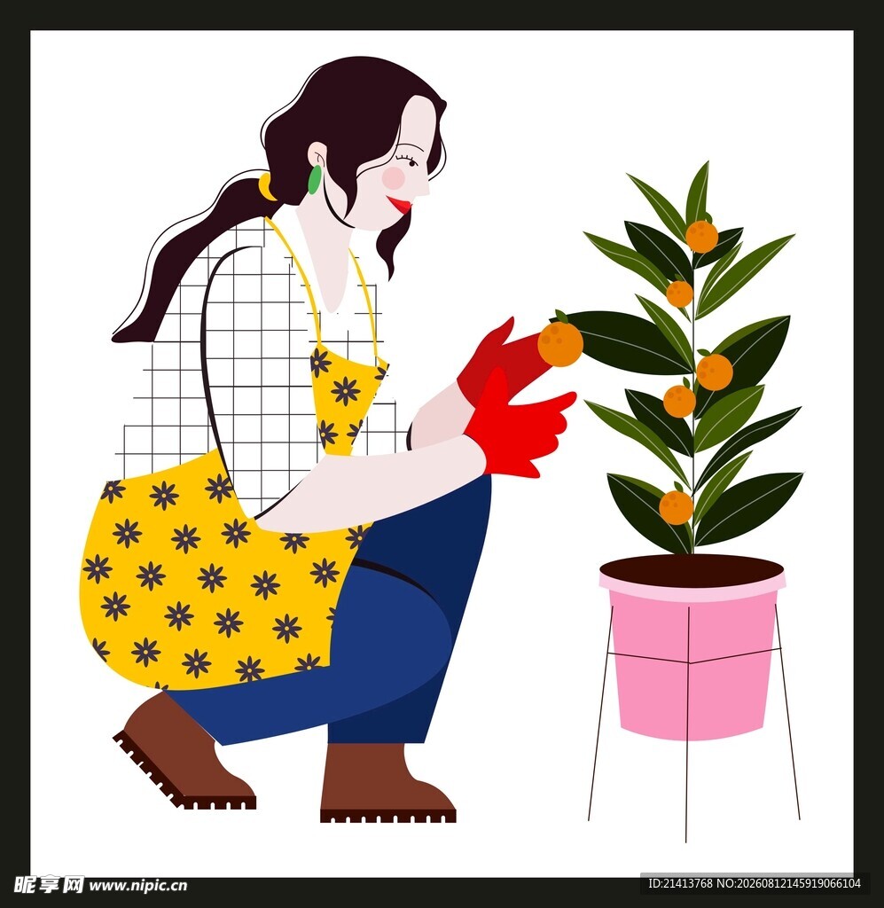 女子专注打理盆栽植物