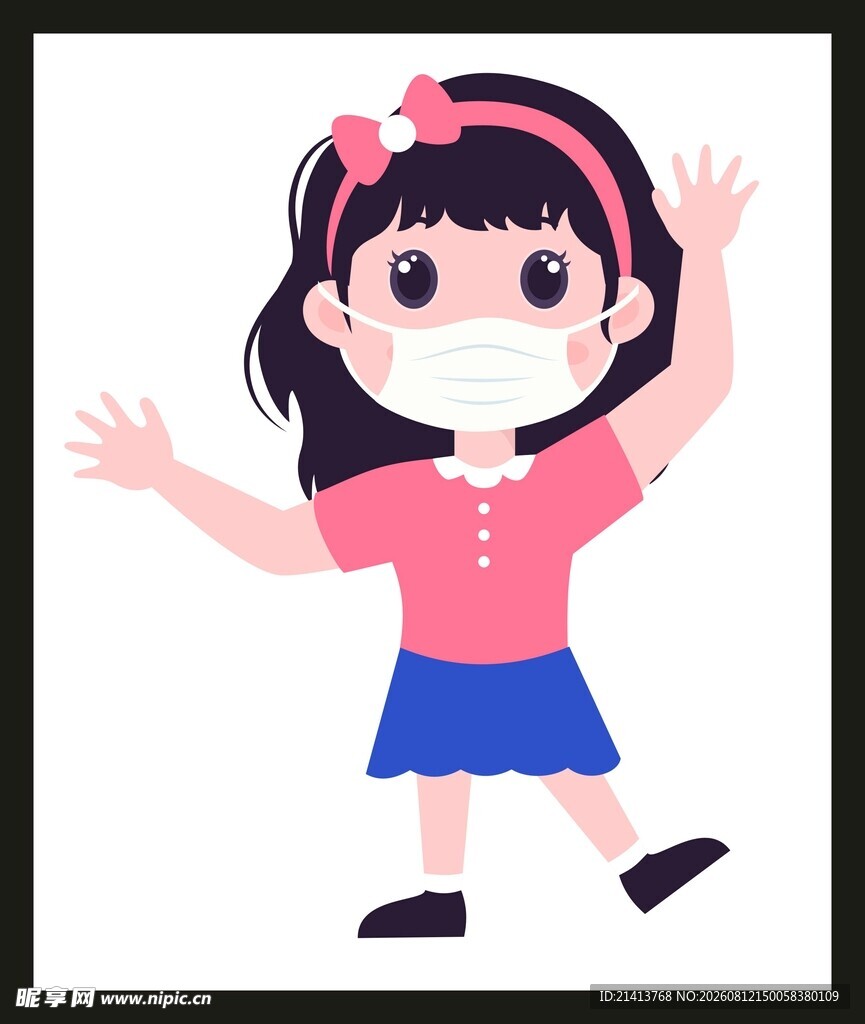 戴口罩的欢快小女孩