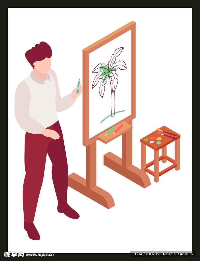 男子专注画架前作画