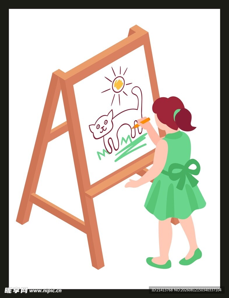 小女孩在画架前画画
