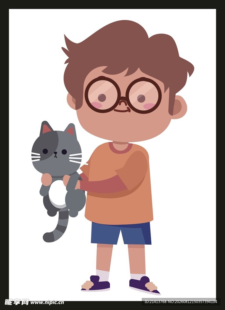 戴眼镜男孩抱着一只猫