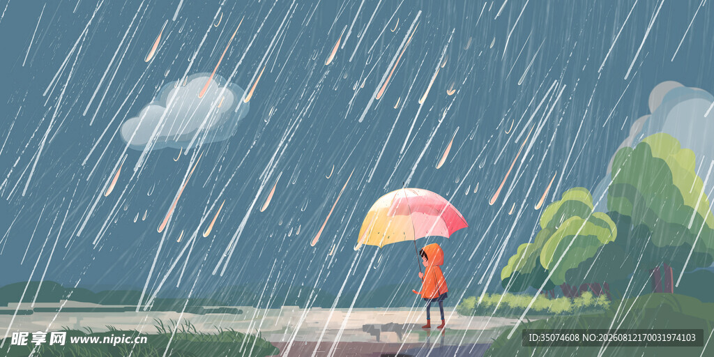 雨中撑伞漫步的孤单身影