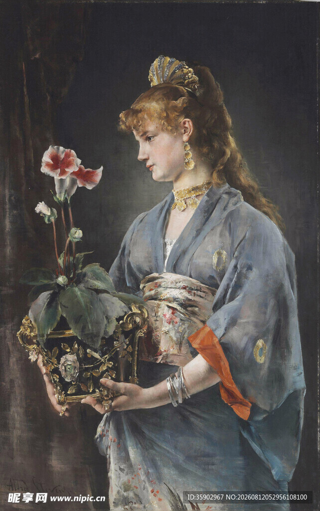 手持花束的古典服饰女子