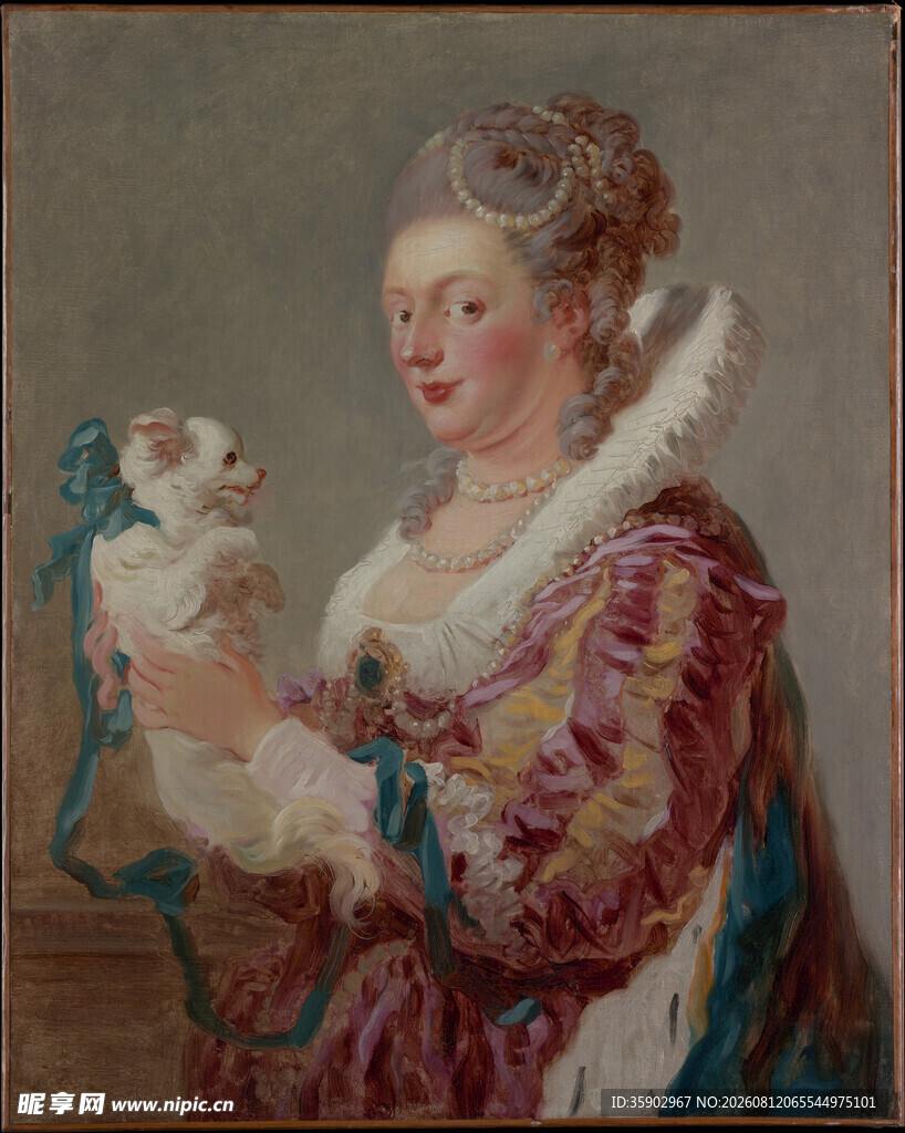 古典女子抱犬油画肖像