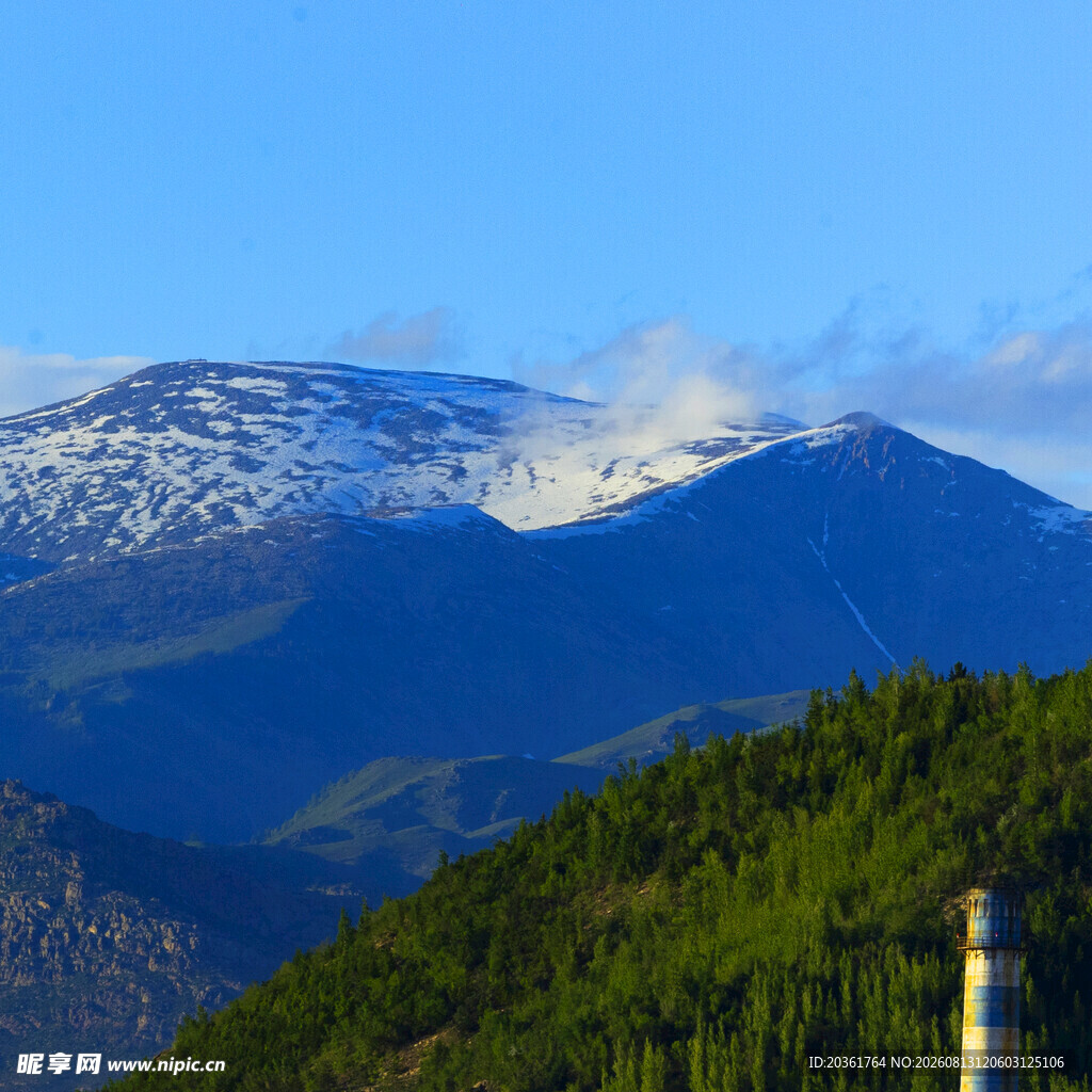 雪山下的葱郁山林