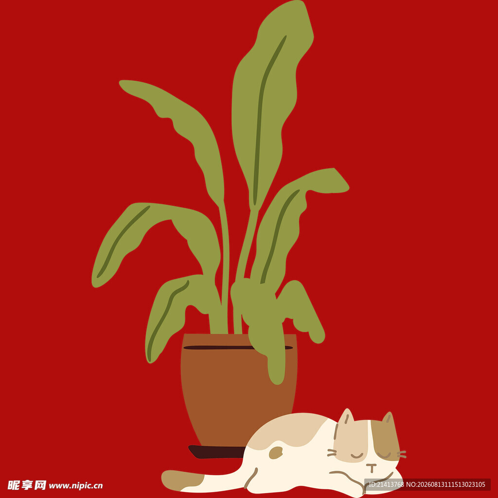 红背景下猫咪伴绿植