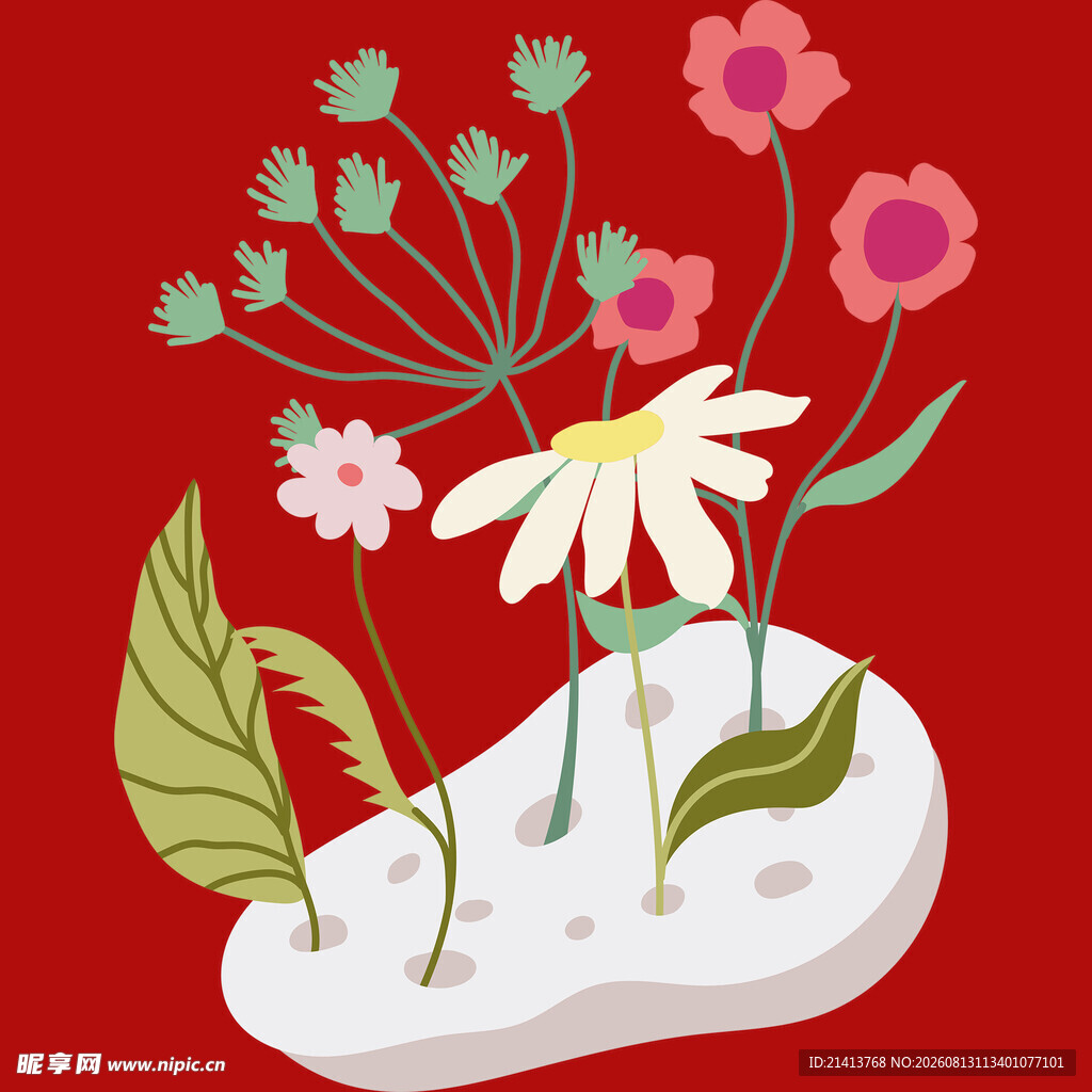 红色背景上的多彩花卉组合