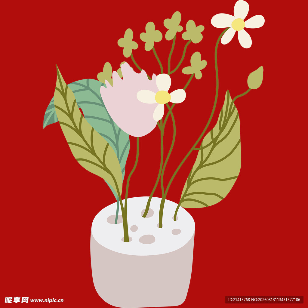 红色背景下的盆栽花卉