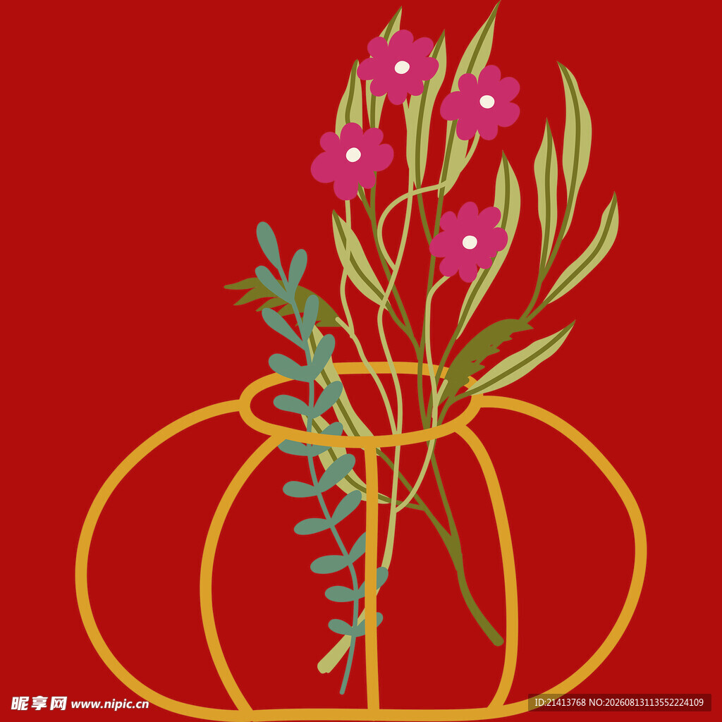 红色背景花瓶插粉花图案