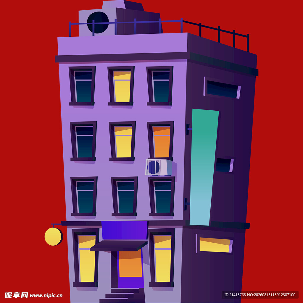 紫色楼房夜景插画